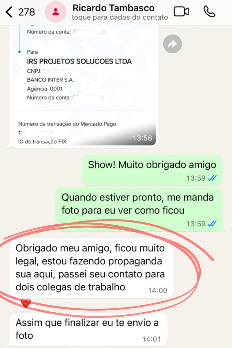 Feedback do Ricardo Tambasco - 'Obrigado meu amigo, ficou muito legal, estou fazendo propaganda sua aqui'