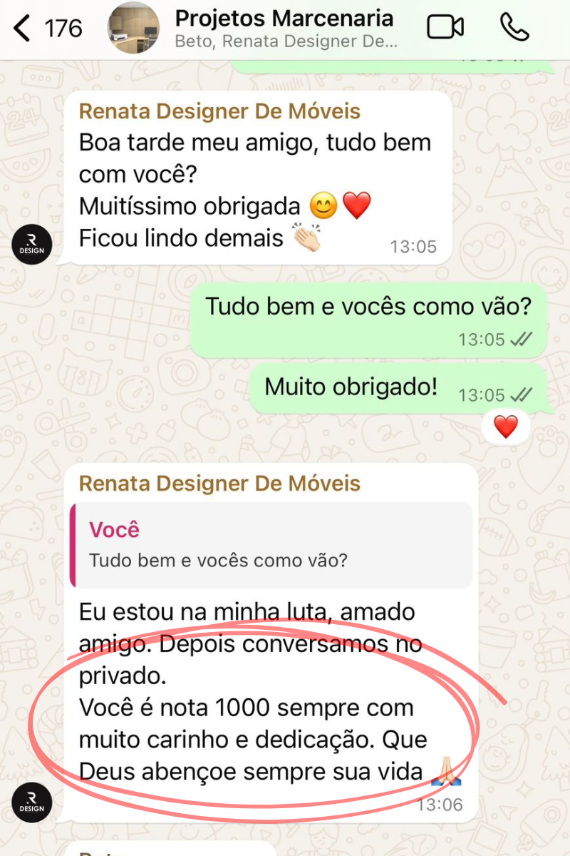 Feedback da Renata Designer - 'Você é nota 1000 sempre com muito carinho e dedicação'
